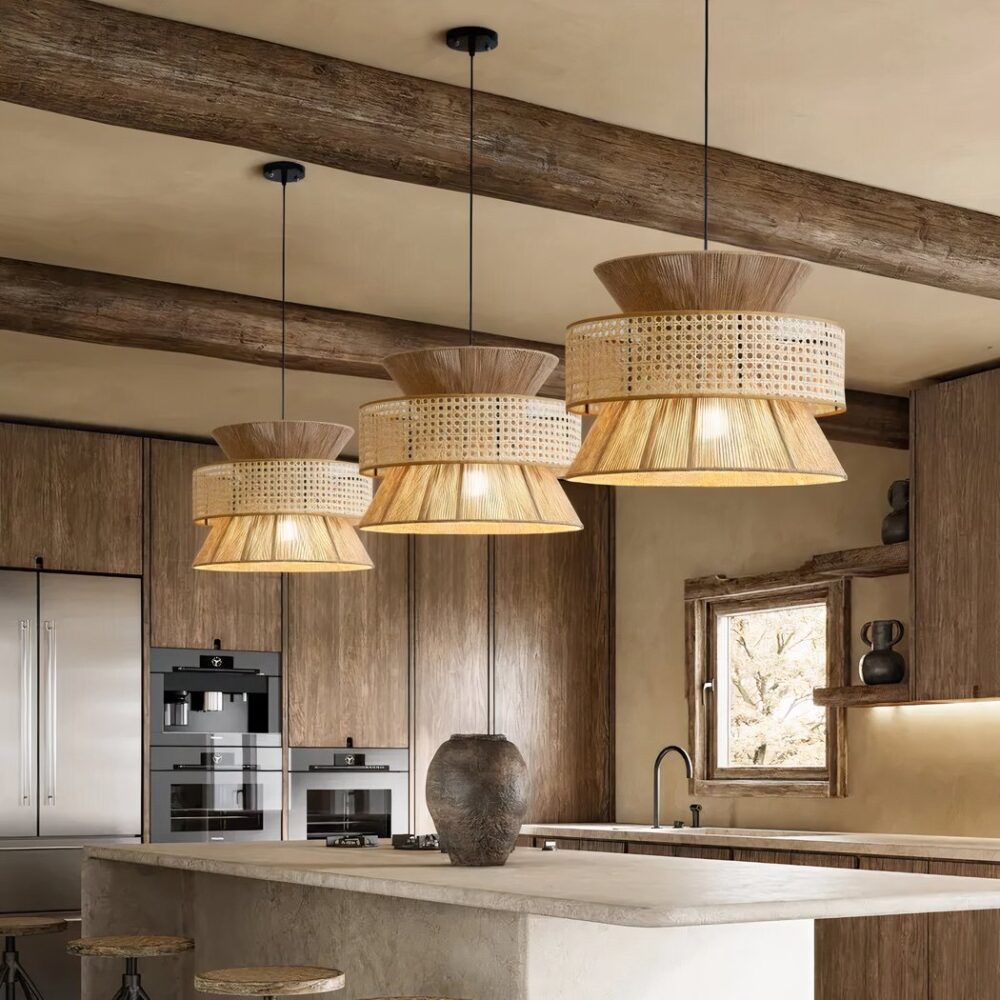 Lustre cannage et corde de chanvre LED suspendu - détail