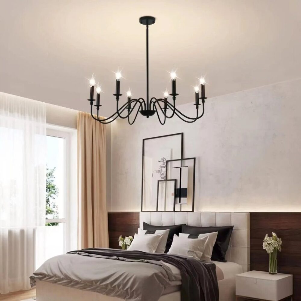 Lustre noir chandelier rétro en fer  