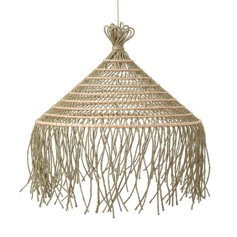 Lustre en corde naturelle tressée avec cercles en rotin et franges, sur fond blanc