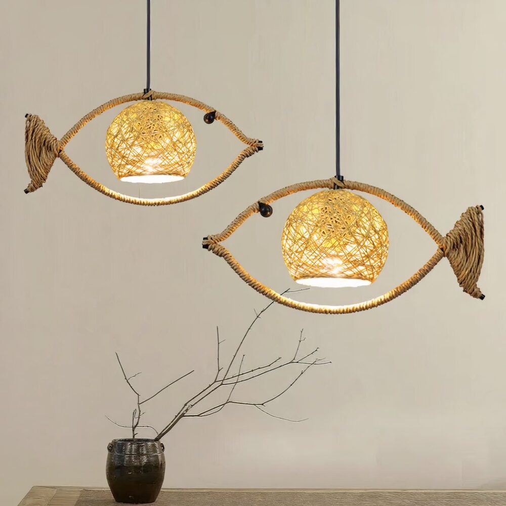 Lustre en corde au design poisson - vue de face