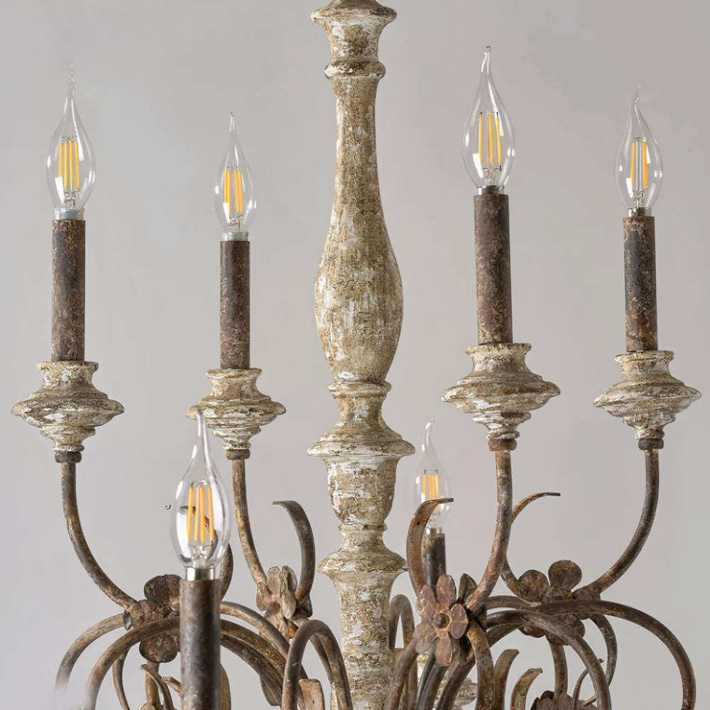 Lustre en laiton et bois style chandelier à bougies - vue de côté