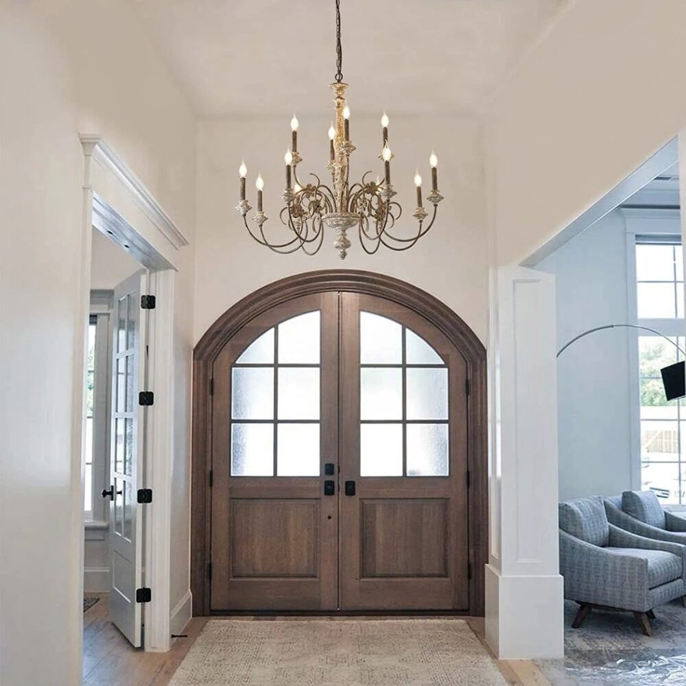Lustre en laiton et bois style chandelier à bougies - vue de face
