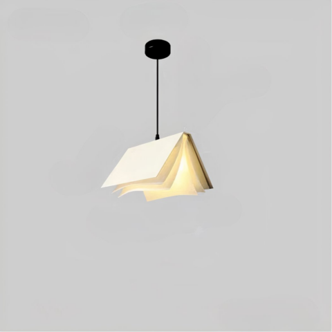 Lustre LED suspendu au design moderne en forme de livre sur fond gris