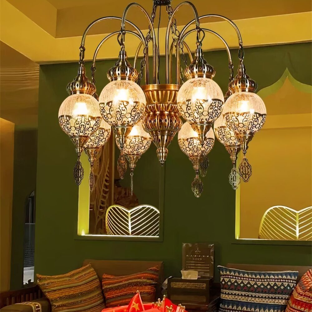 Lustre marocain en métal et boules de verre craquelées — vue principale