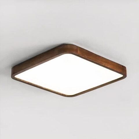 Lustre en bois et acrylique carré, collé au plafond.