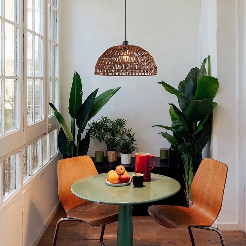 Lustre suspendu d'intérieur tissé en corde de chanvre foncé - vue de face