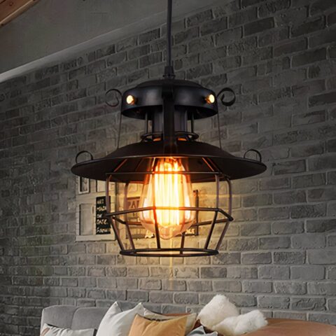 Lustre suspendu LED vintage et industriel en métal allumé sur fond gris