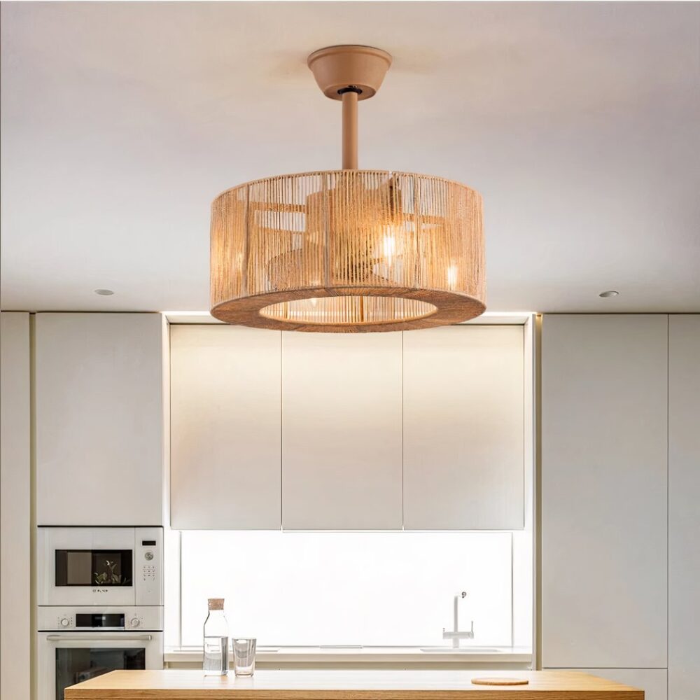 Lustre ventilateur de plafond lanterne en corde tressée - vue de côté