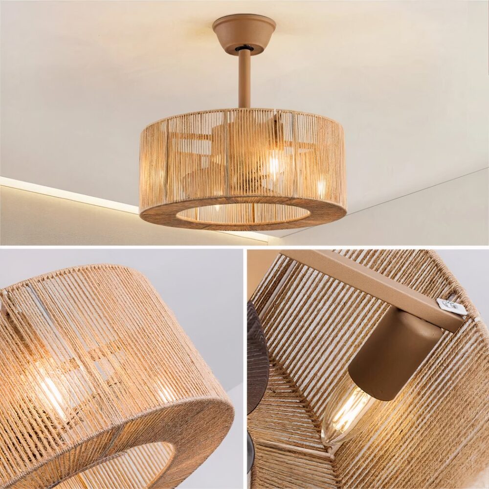 Lustre ventilateur de plafond lanterne en corde tressée - vue de face
