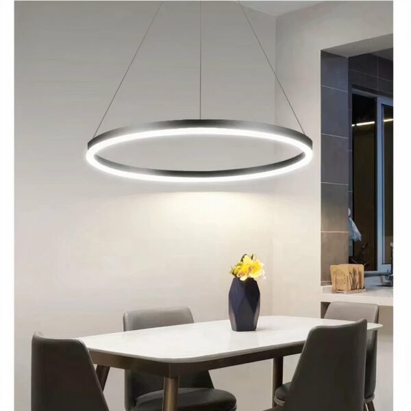 on voit dans un salon au dessus d'une table à manger une suspension circulaire à LED en fer