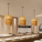 Lustre boule rétro en paille et bambou tissé à la main - vue de côté