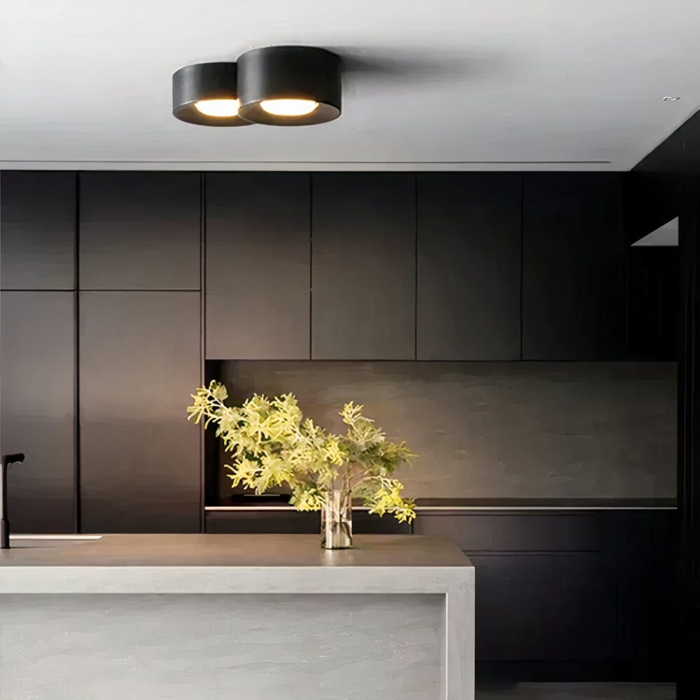 Lustre moderne LED au design minimaliste de cylindre et spot encastré - vue de face