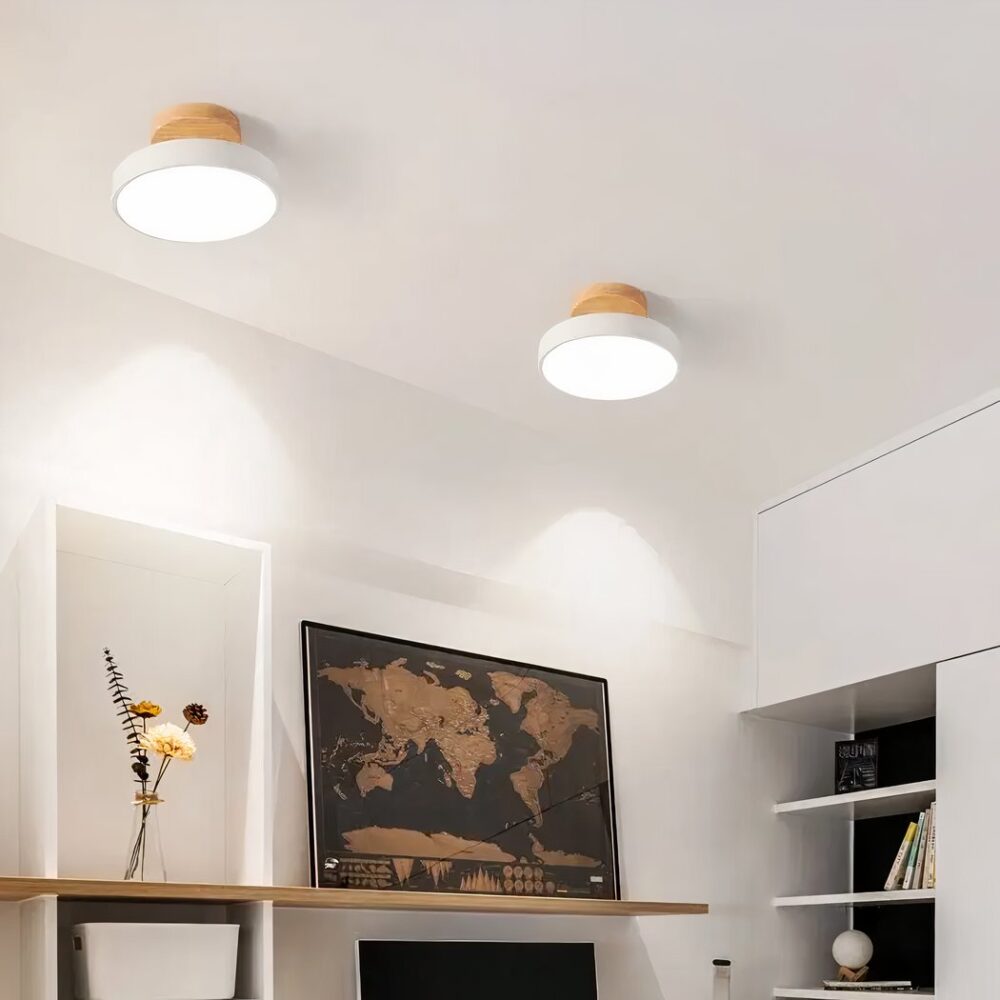 Lustre plafonnier rond pour chambre en bois et métal - vue de face