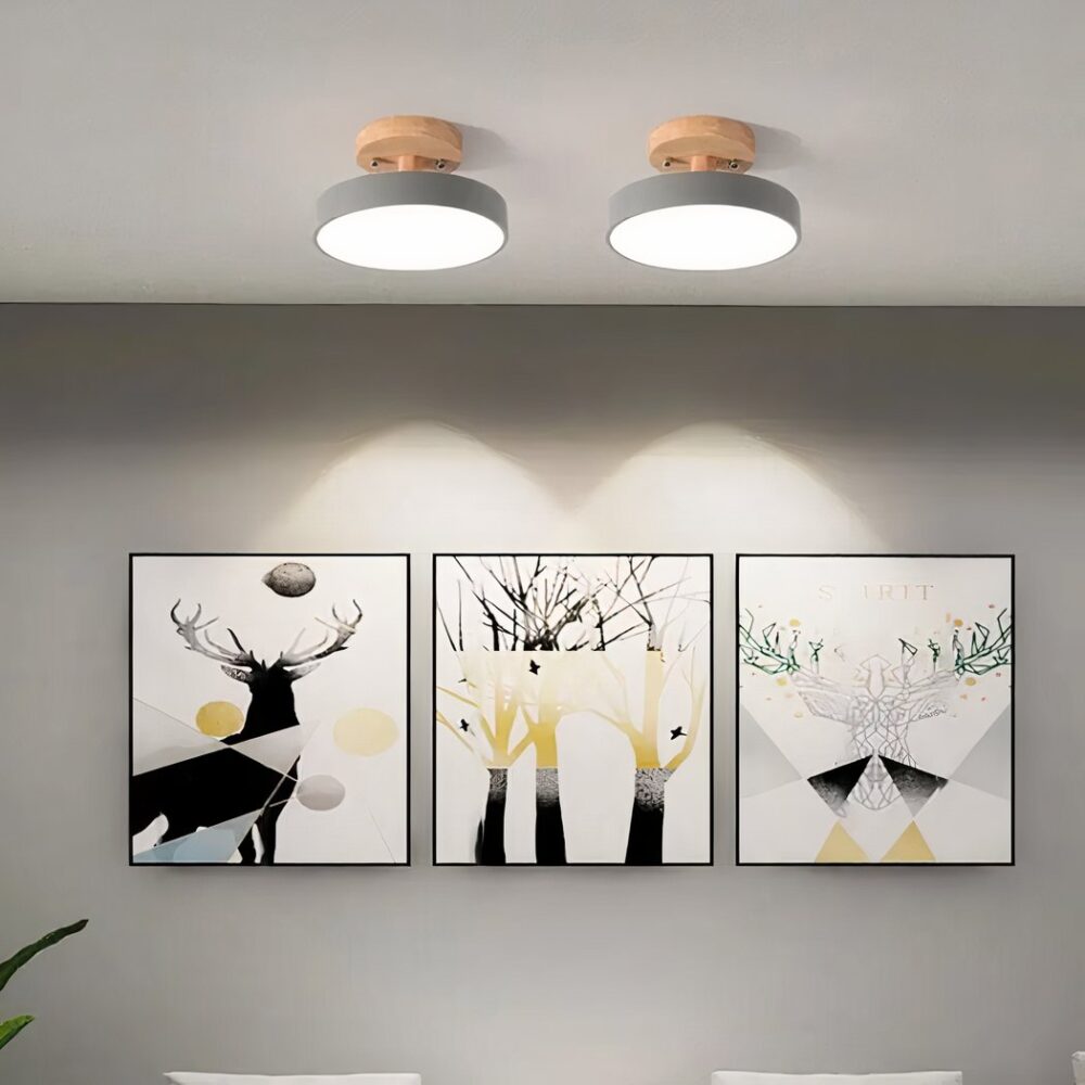 Lustre plafonnier rond pour chambre en bois et métal