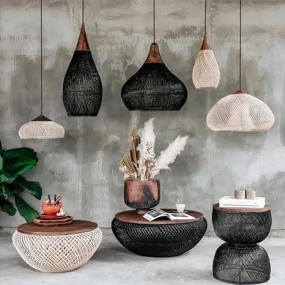 Lustre de chambre en bambou tissé à la main forme chapeau