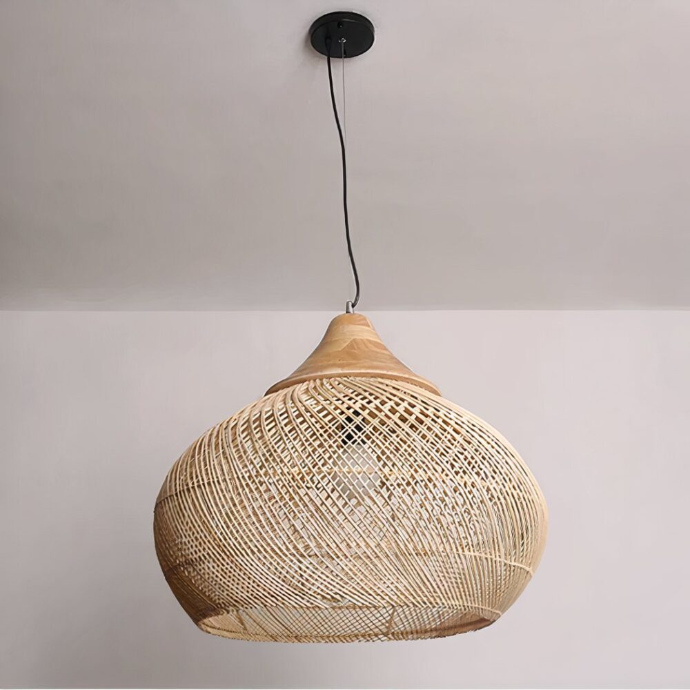 Lustre de chambre en bambou tissé à la main forme chapeau - vue d'ensemble