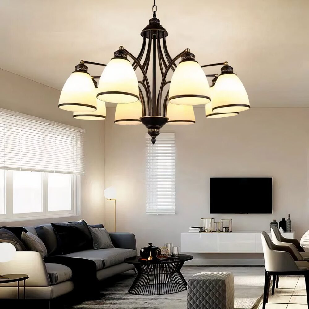 Lustre suspendu rétro en fer forgé noir et doré - vue de face