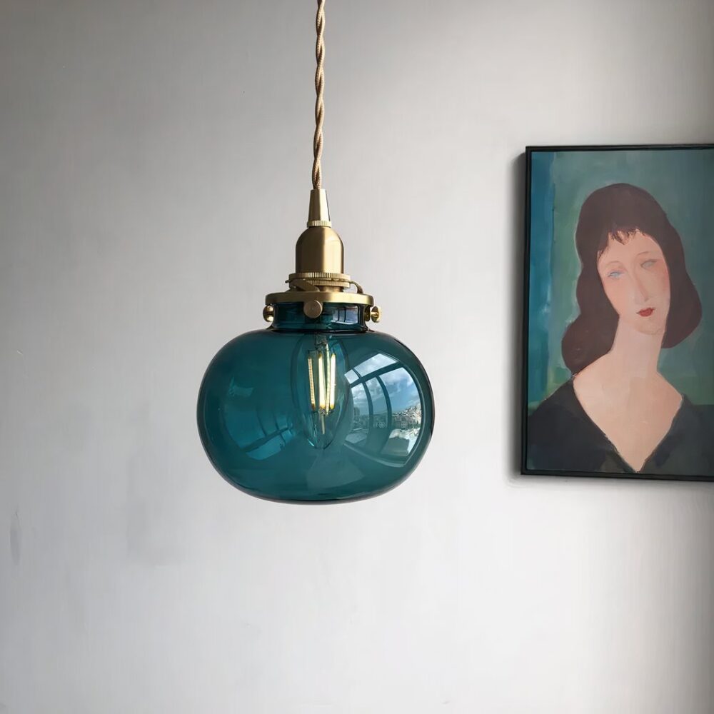 Suspension avec boule en verre bleu canard