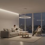 Suspension circulaire blanche à LED dans un salon éclairé le soir