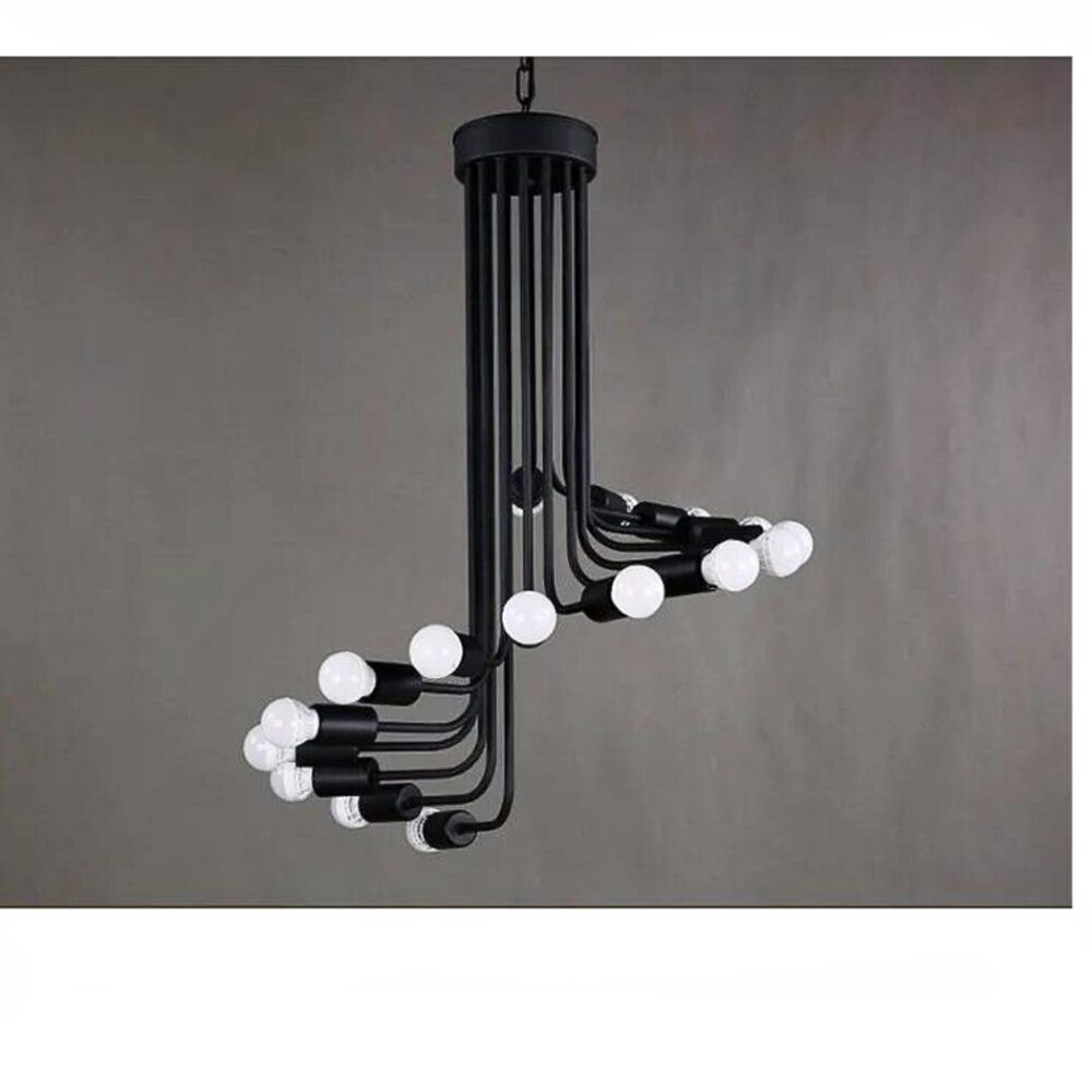 Lustre en fer forgé noir dans le style industriel avec ampoules apparentes - vue de face