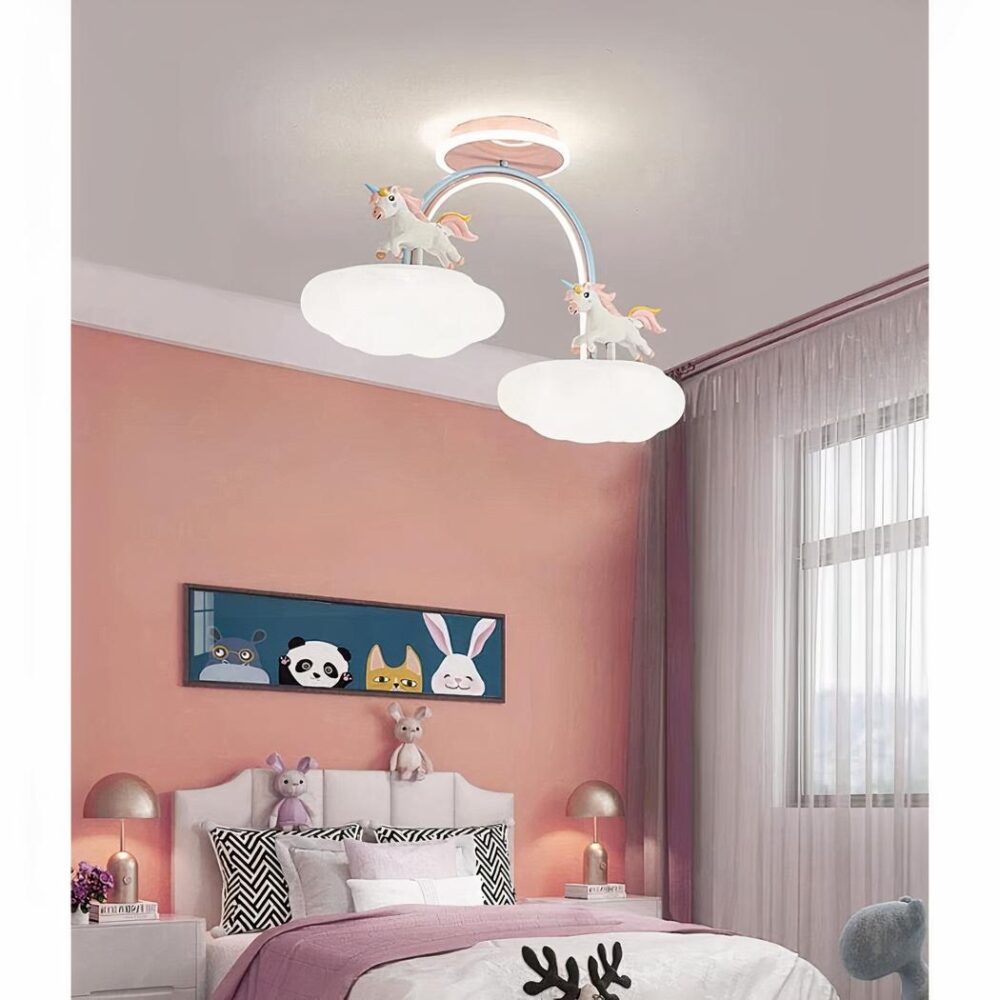 Lustre de licorne rose et blanc pour chambre d'enfant - vue d'ensemble