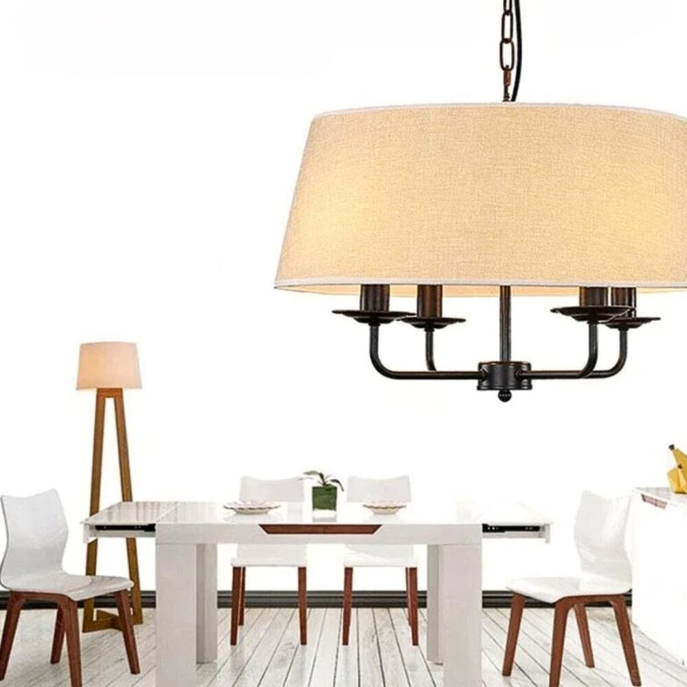 Lustre suspendu vintage en fer forgé avec un abat-jour en tissu - vue d'ensemble