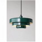 on voit sur un fond gris clair une suspension bleu canard en aluminium dans le style scandinave