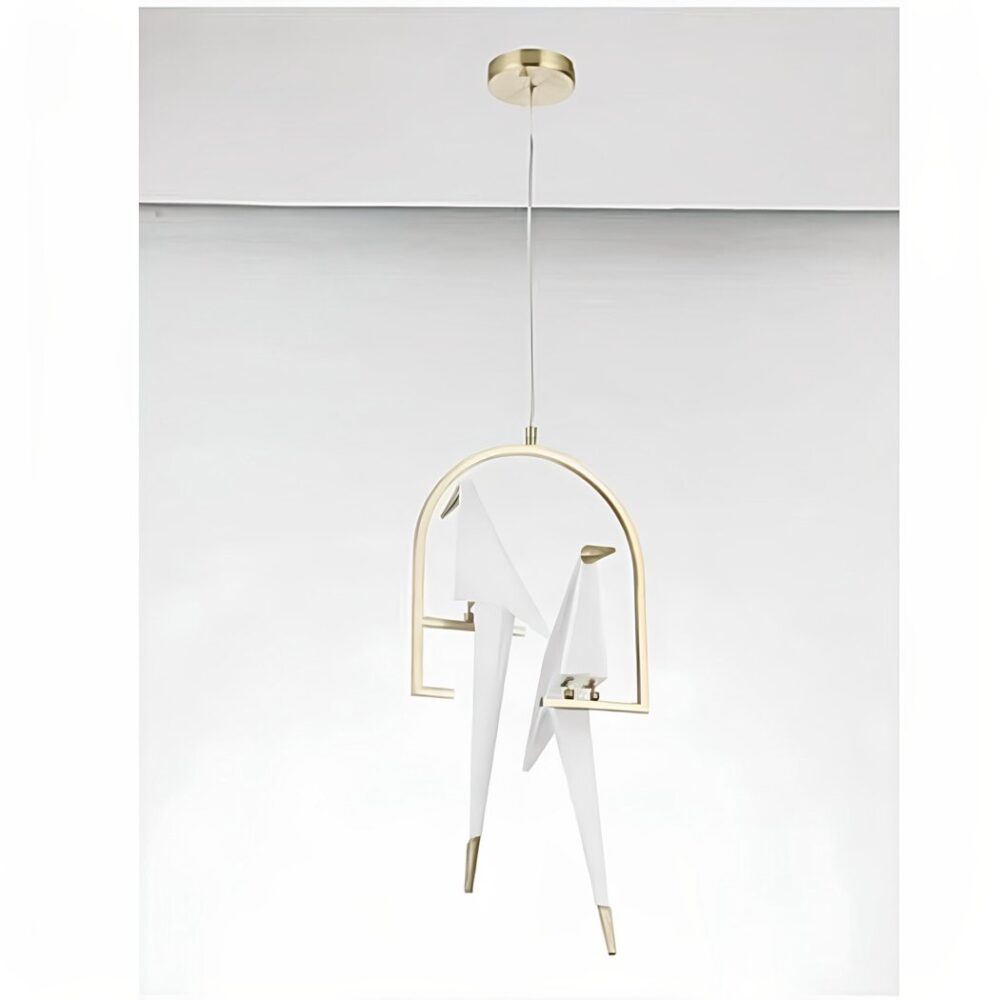 Suspension cage à oiseau dorée avec son oiseau en origami - vue de face