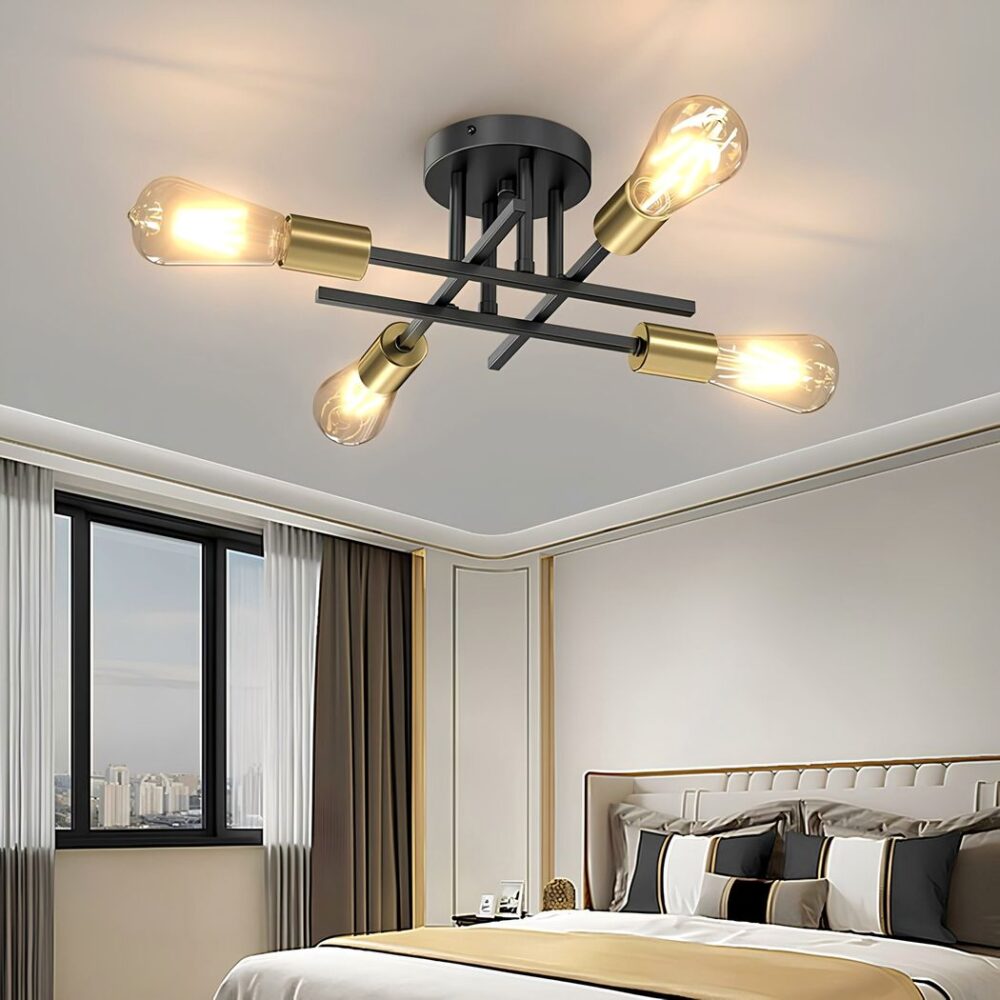 Lustre plafonnier noir avec 4 tiges croisées