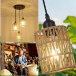 Gros plan sur l'abat-jour en corde tressée en extérieur avec vignettes du montage plafond et de l'artisan tresseur