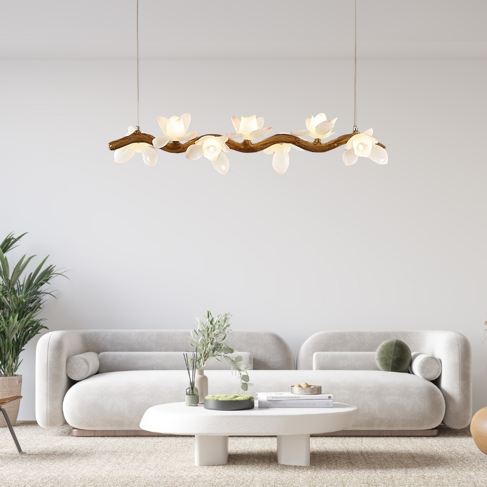 Lustre en résine imitation bois flotté avec fleurs - vue d'ensemble