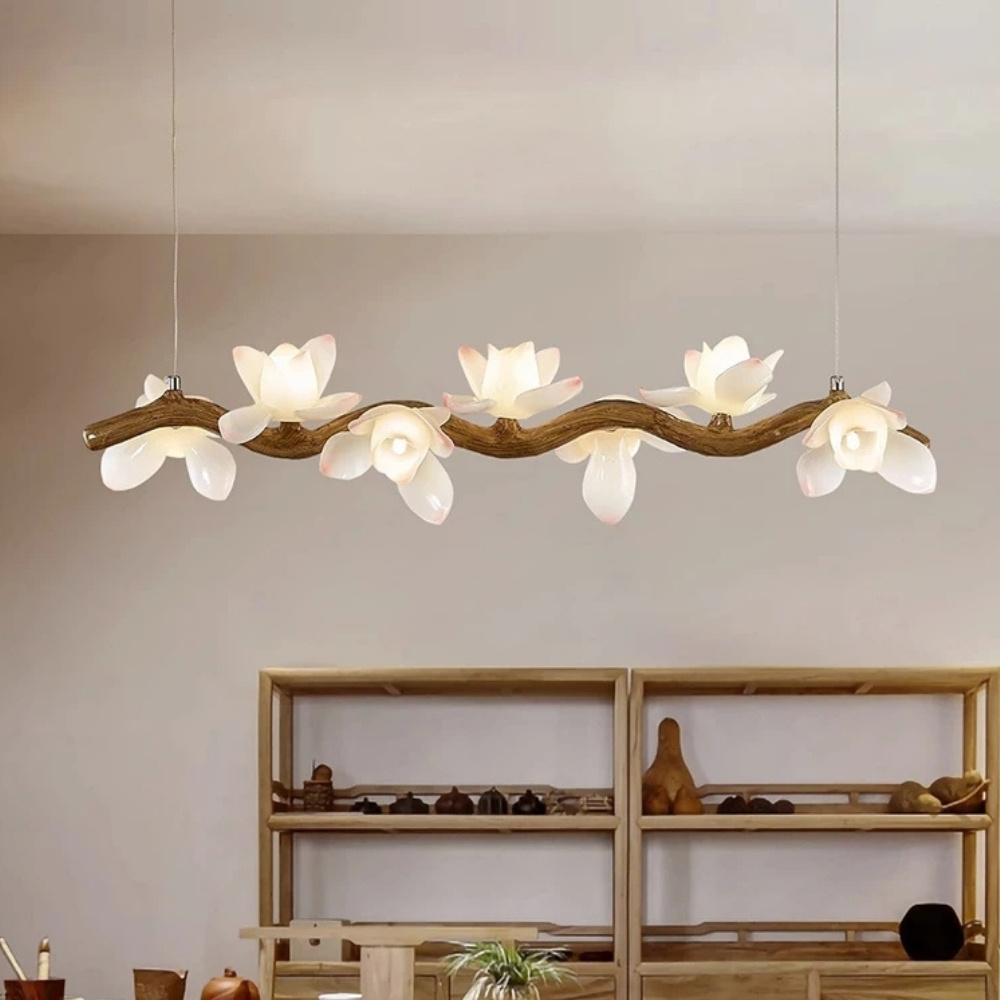 Lustre en résine imitation bois flotté avec fleurs - vue de côté