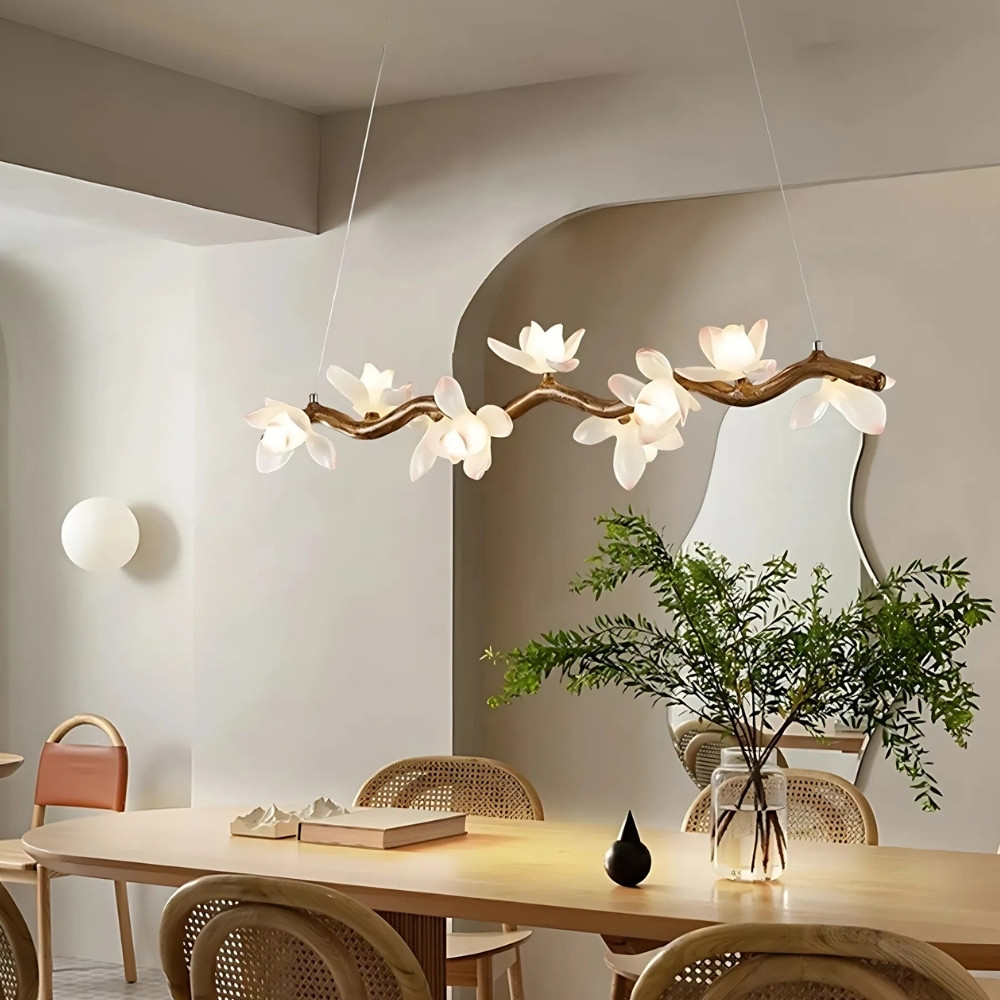 Lustre en résine imitation bois flotté avec fleurs - vue de face