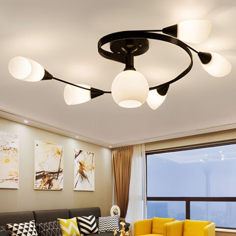 Suspension noire a branches courbees ornee de globes en verre opale