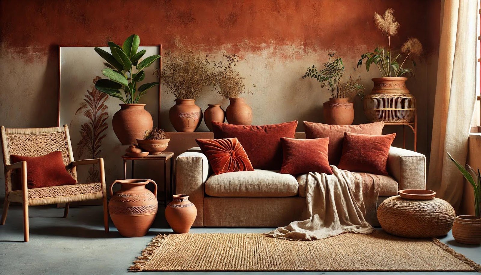 La couleur bordeaux avec du terracotta en décoration.