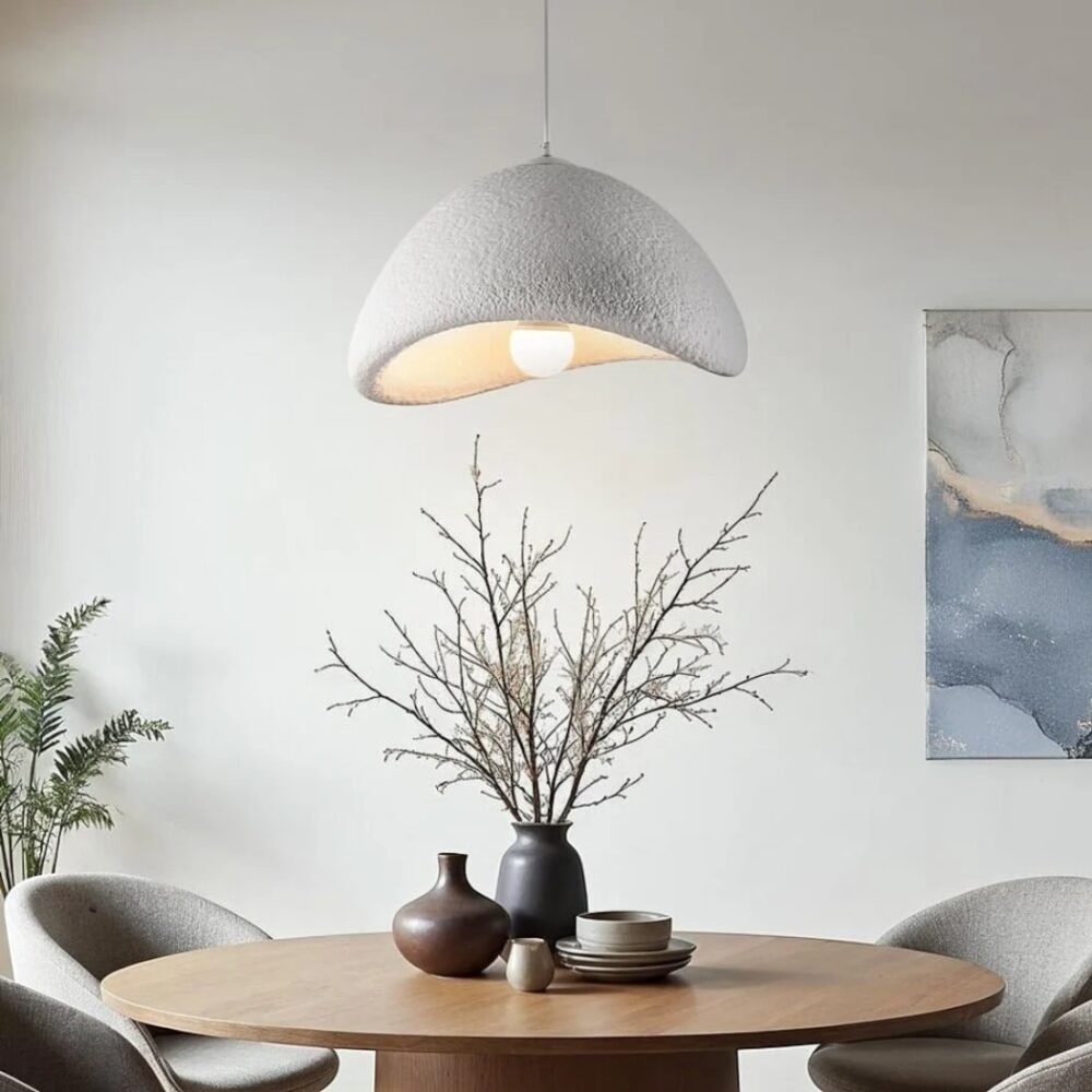 Lustre effet pierre style Japandi contemporain - ambiance allumée