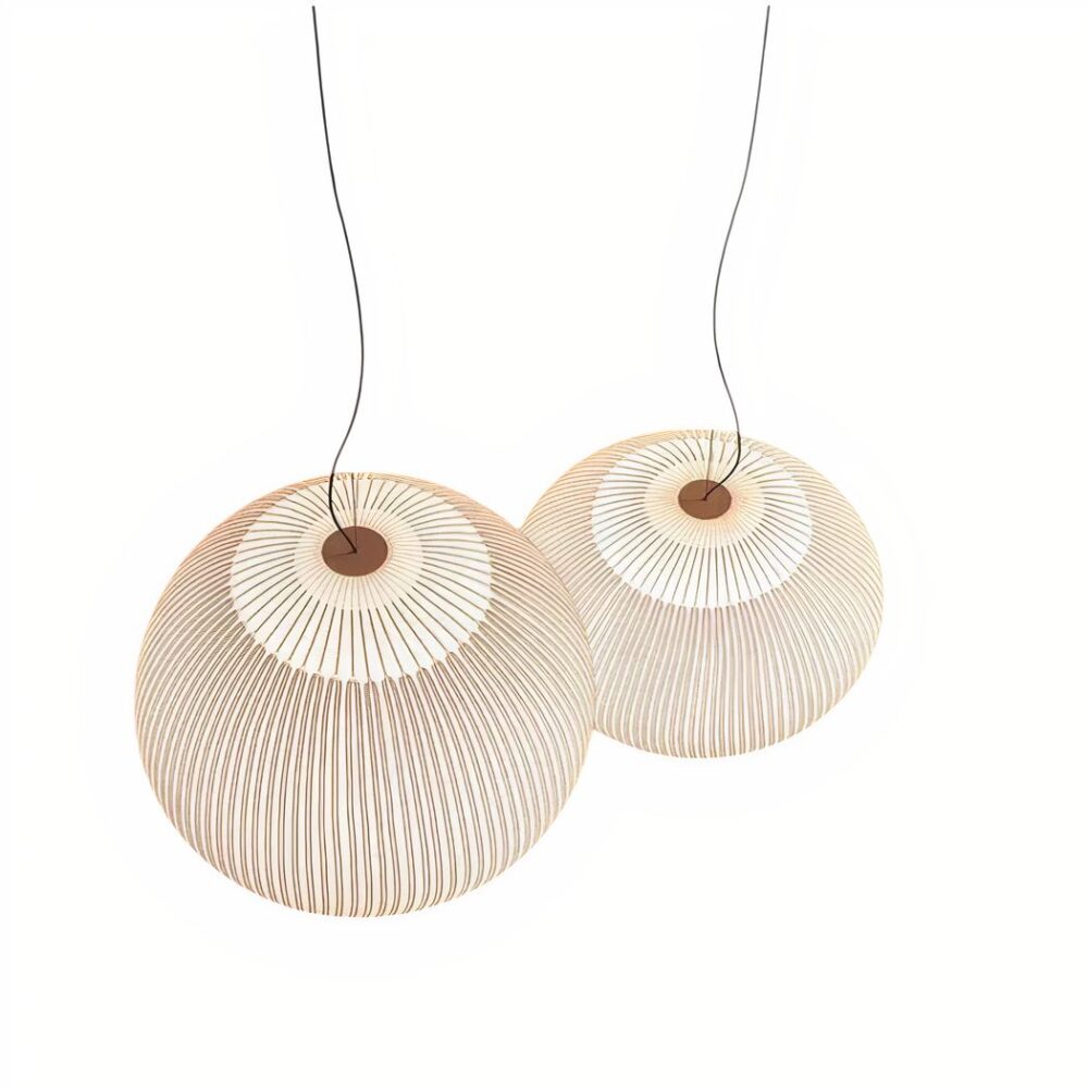 Suspension Japandi douce lumière avec maille tressée — ambiance