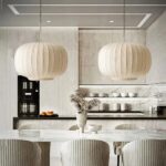 Suspension Japandi design doux en soie blanche - ambiance allumée