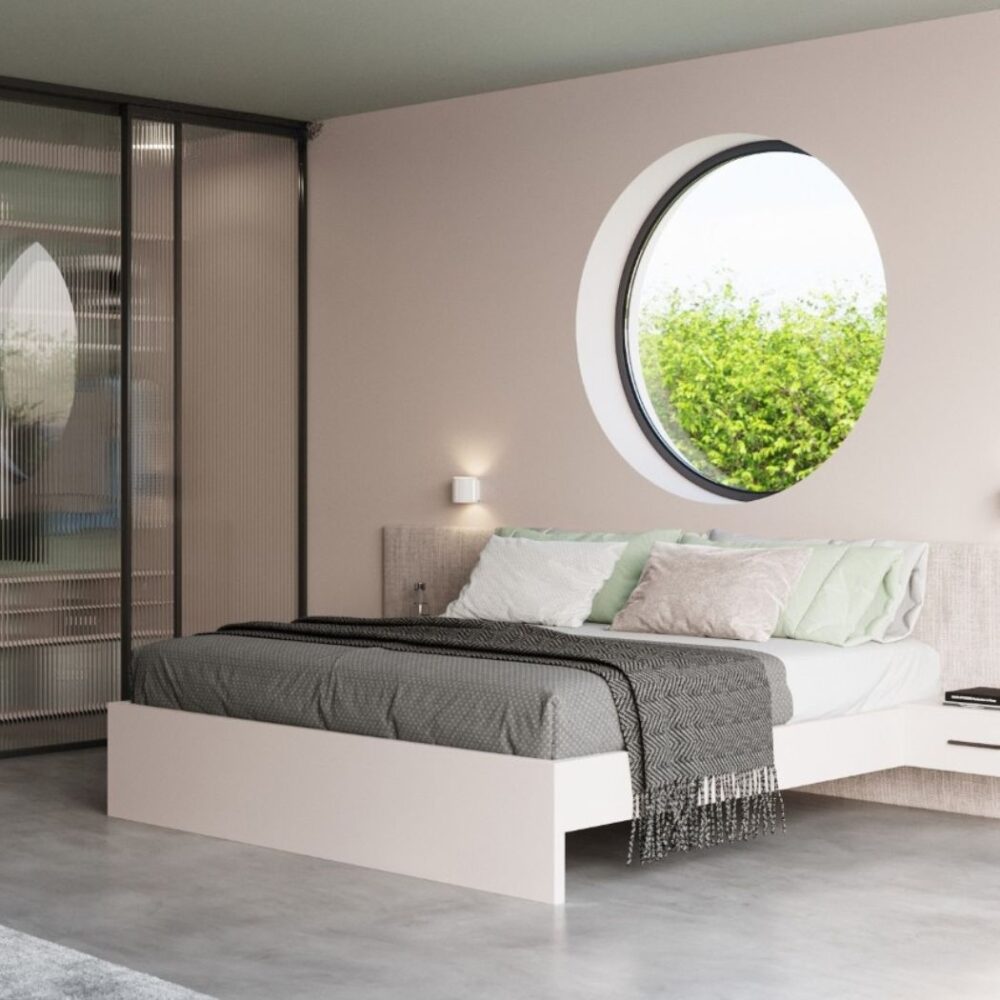 Chambre avec applique ronde près d'une armoire miroir et d'une fenêtre ronde