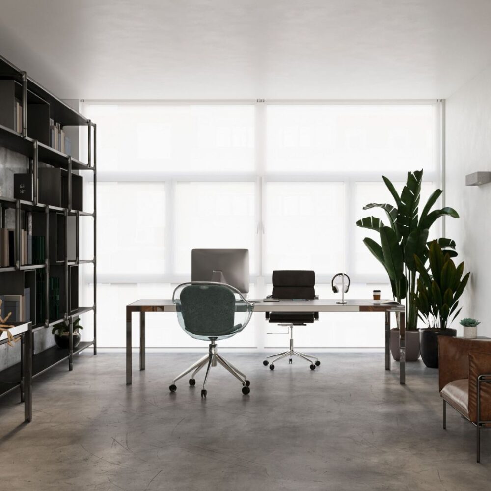 Applique en béton fixée au mur d'un bureau moderne avec bureau et bibliothèque