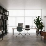 Applique en béton fixée au mur d'un bureau moderne avec bureau et bibliothèque