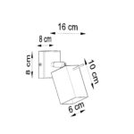 Schéma coté du spot mural orientable avec bras de 16 cm et tête de 6x10 cm