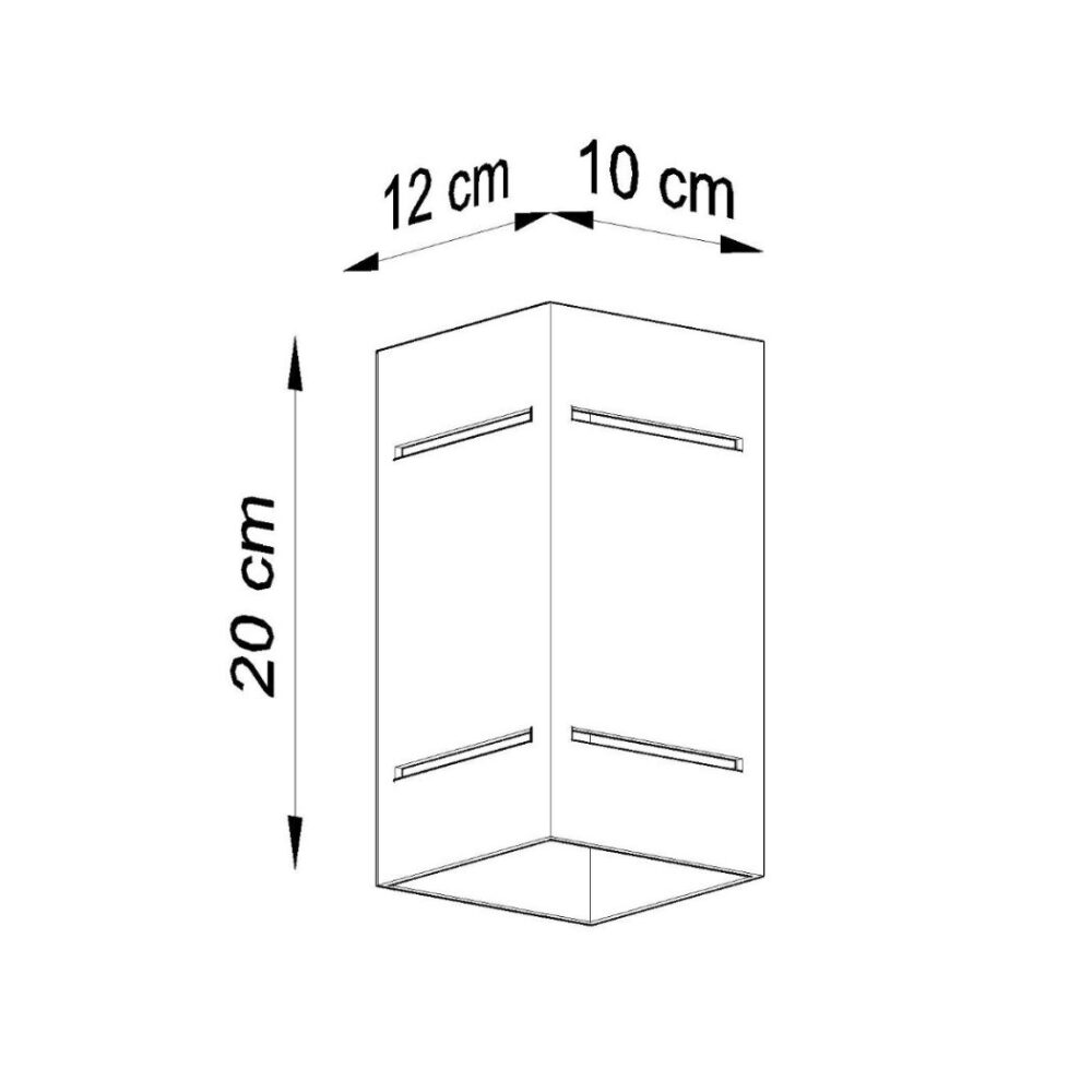 Schéma coté de l'applique indiquant 20 cm de hauteur et une base de 12 x 10 cm