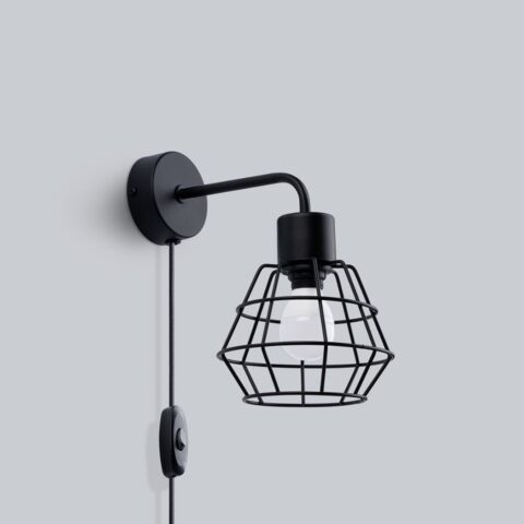 Applique murale pour tête de lit style industriel cage en acier noir sur fond blanc