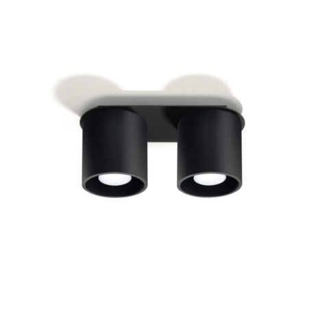 Lustre plafonnier minimaliste double éclairage de couleur noire sur fond blanc.