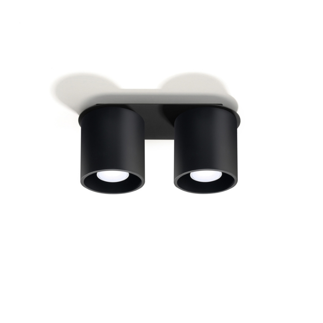 Lustre plafonnier minimaliste double éclairage de couleur noire sur fond blanc.