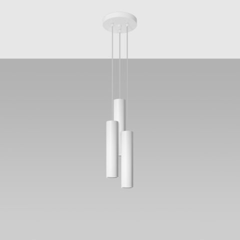 Lustre suspension cylindrique blanche 3 pièces pour intérieur moderne sur plafond blanc et mur de fond gris.