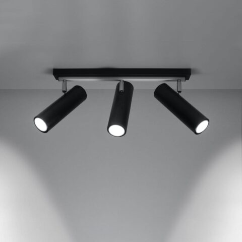 Lustre plafonnier en métal noir avec 3 spots orientables sur fond gris