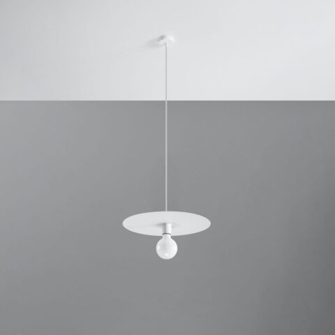 Suspension moderne en acier blanc avec un abat-jour rond minimaliste sur fond gris