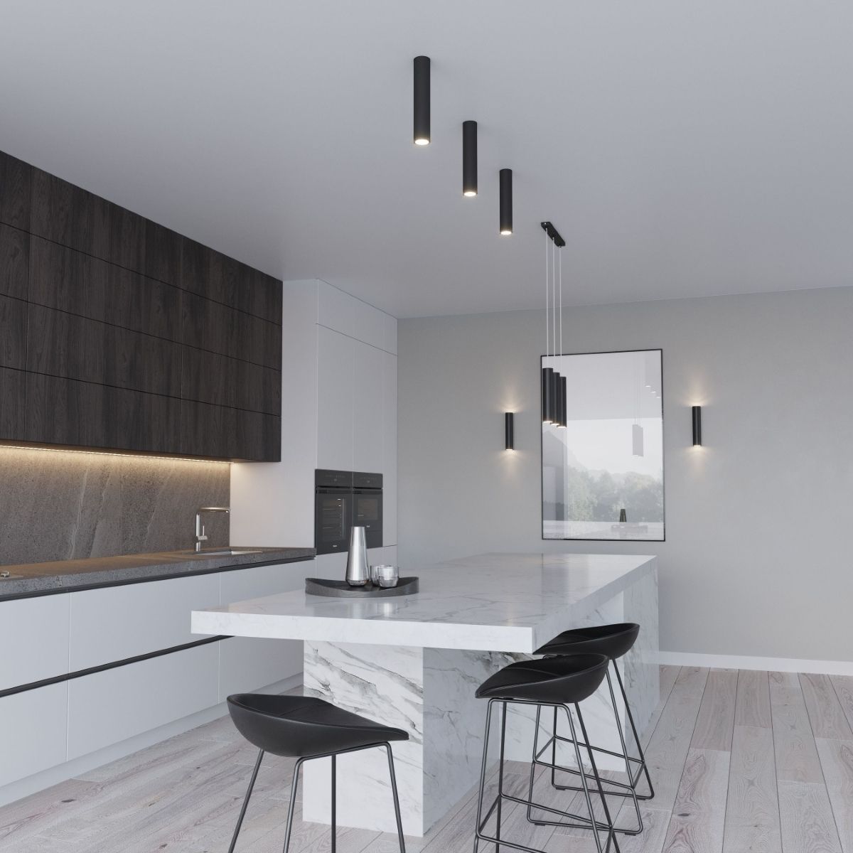 Lustre plafonnier design cylindrique en acier blanc ou noir - ambiance éteinte